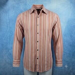 Axis Mens Long Sleeve Button Down Shirt Orange Tan Striped Cotton Size M